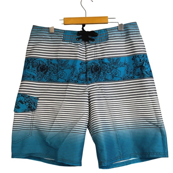 OP Other - Y2K OP Ocean Pacific Mens Blue Striped Floral Filigree Board Shorts Size 34
